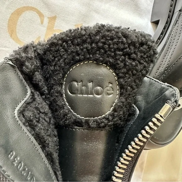 Chloe Roy Shearling-Lined Leather Black Ankle Boots Size 36.5 - Picture 11 of 14